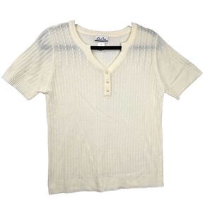 Bend Over PM Petite V-Neck Henley Ribbed Knit Top Cream Short Sleeve Acrylic Y2K